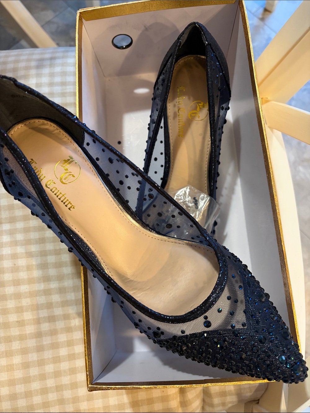 Lady Couture Navy Sheer Pointed-Toe Embellished Heels